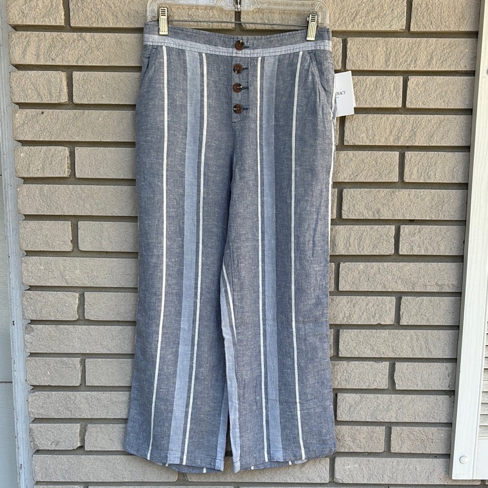 Ellen Tracy Linen Collection Striped Blue and White Wide-Leg Cropped Pants